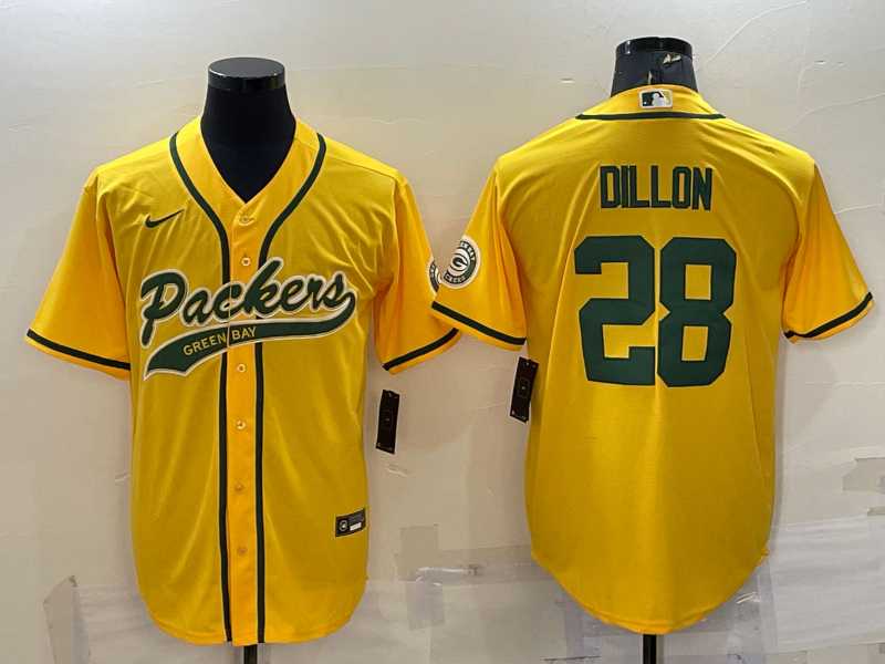 Mens Green Bay Packers #28 AJ Dillon Yellow With Patch Cool Base Stitched Baseball Jersey->green bay packers->NFL Jersey